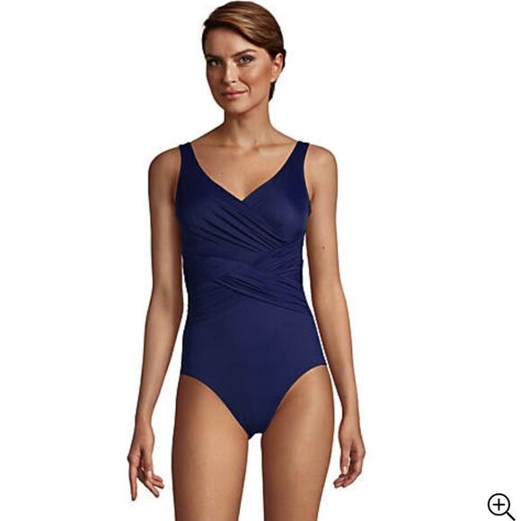 Lands End Long Slender Tummy Control Chlorine Resistant V-neck Wrap Swimsuit - Picture 1 of 13